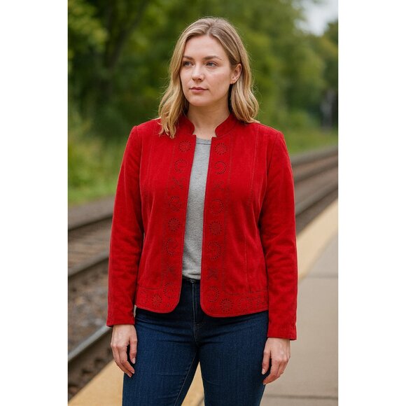 Vintage Womens Red Cropped Jacket Blazer Sz 12 Conrad C Suede Look Smart Office - Picture 1 of 14